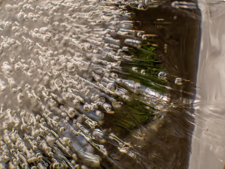 Extreme macro photography of the internal structure and air bubbles of an ice ball, illuminated by the morning sun in a garden in the eastern Andes of central Colombia.の写真素材