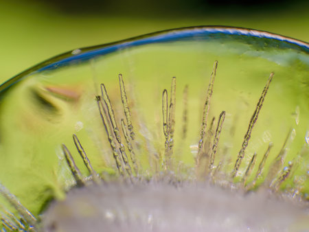 Extreme macro photography of the internal structure and air bubbles of an ice ball, illuminated by the morning sun in a garden in the eastern Andes of central Colombia.の写真素材