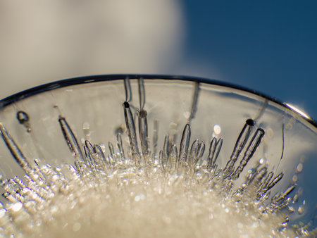 Extreme macro photography of the internal structure and air bubbles of an ice ball, illuminated by the morning sun in a garden in the eastern Andes of central Colombia.の写真素材