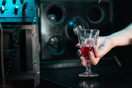 close-up of a woman's hand holding a glass with a red drink to drink it, girl at the barの写真素材