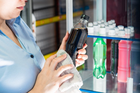 detailed view of a girl cleaning a soft drink bottle, while working in a store.の写真素材