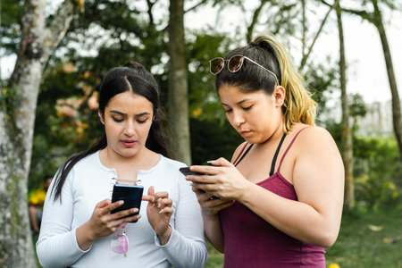 friends in the park, very focused on looking at their cell phones. concept of technologyの写真素材
