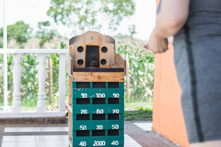 view of the aiming game called frog, where a hoop is thrown into some holes to obtain game points.