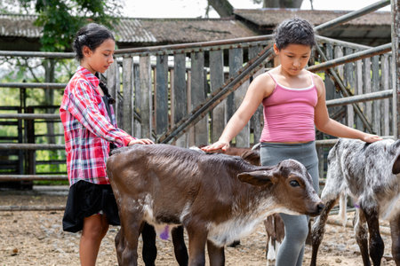 Latin peasant girls helping to take care of the Gyr calves that are in the corral without their motherの写真素材