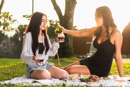 two girls, Latina friends pouring wine to toast each other while enjoying their picnic with a beautiful sunset in the backgroundの写真素材