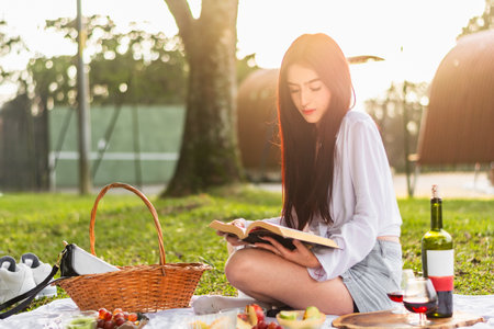 slim latina girl reading a book with a sunset in the background while sitting on the ground of a park, on a picnic day.の写真素材