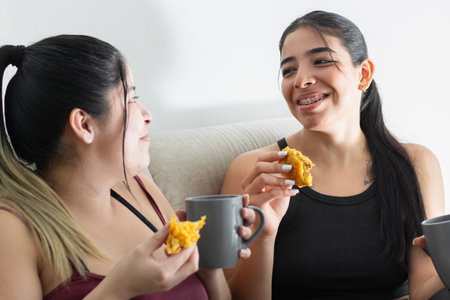 young latina woman very happy laughing while looking at her friend and eating the snack, eating Colombian stuffed potatoの写真素材