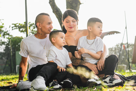 Young traditional Colombian family, very happy and smiling spending time together in the park,...