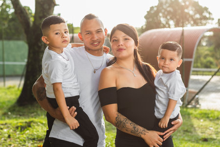 Portrait of traditional Colombian family of four, young couple with two male children, smiling...
