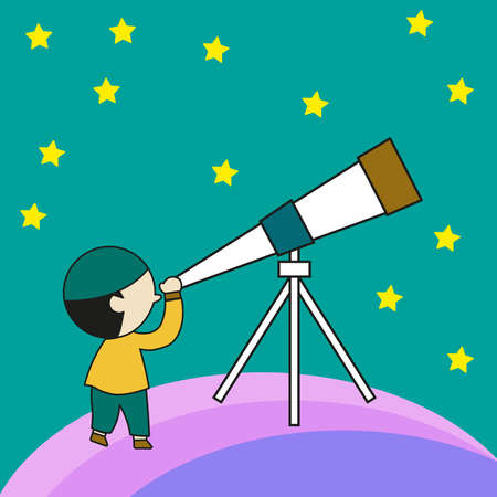 vector graphic illustration of a Muslim child holding binoculars looking at the sky, very suitable...