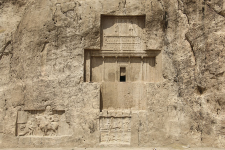 Ancient tombs of Achaemenid kings at Naqsh-e Rustam in the north of the administrative center of Shiraz, Iranの写真素材
