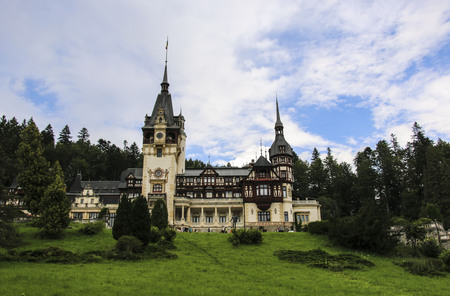 Peles Castle, Romania. Beautiful famous royal castle and garden in Sinaia landmark of Carpathian Mountains in East Europeのeditorial素材