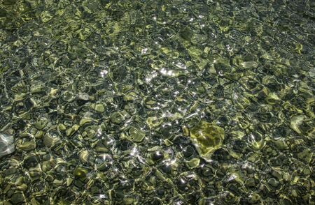 Abstract pattern of pebbles under the surface of the water. Background of shiny pebbles on the river bottom.の写真素材