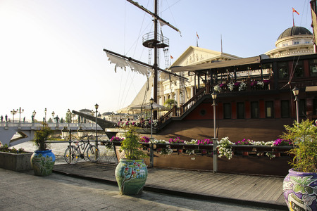 SKOPJE, MACEDONIA- JUNE 08, 2019: The vintage ship on Vardar river in Skopje, Republic of North Macedonia.のeditorial素材
