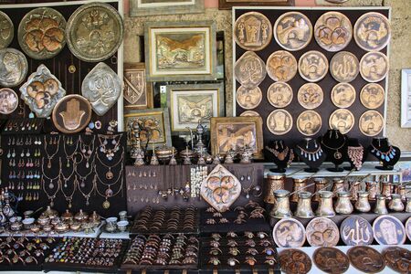 Decorative souvenirs and handicrafts in the old town of Mostar in arabic style on bazaar in Mostar, Bosnia and Herzegovinaの写真素材