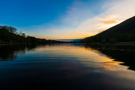 Lakes of Revine in Italy at sunsetの写真素材