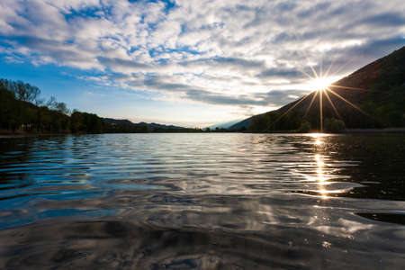 Lakes of Revine in Italy at sunsetの写真素材