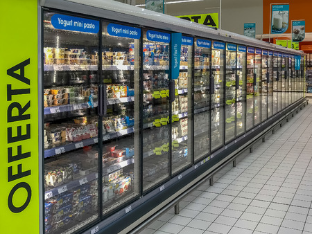 row of freezers at the supermarketのeditorial素材