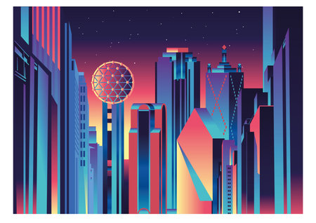 DallasNight city with skyscrapers, vector illustration in retro style.のイラスト素材