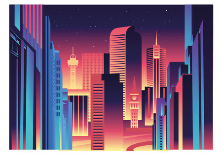 Denver Night city landscape with skyscrapers and buildings. Vector illustration.のイラスト素材