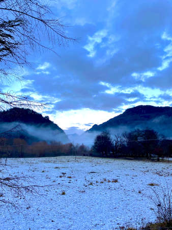 snow in the village in winter seasonの写真素材