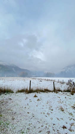 snow in the village in winter seasonの写真素材