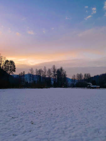 snow in the village in winter seasonの写真素材