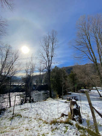 snow in the village in winter seasonの写真素材
