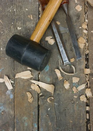 wood carving tools on the workbenchの写真素材