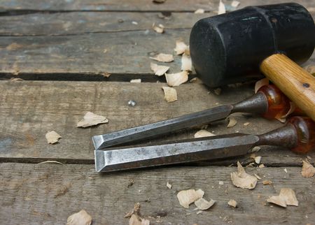 wood carving tools on the workbench