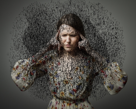 Headache. Obsession. The stream of dark thoughts. Expressions, feelings and moods. Young woman...