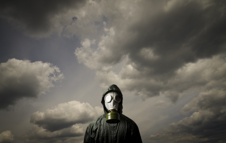Man wearing a gas mask on his faceの写真素材