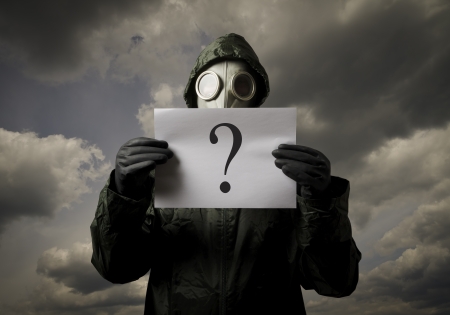 Gas mask and question  Man having no answers to a questionの写真素材