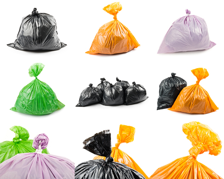 A set of colored garbage bags isolated on white background. Collage of garbage bags.の写真素材