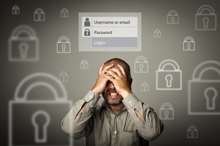 Frustrated man. Forgot password concept. Man suffering from headache.