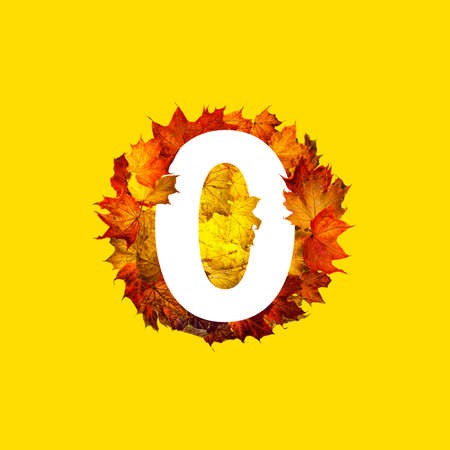 Number zero in the circle frame of colorful autumn maple leaves isolated on yellow. Round frame of dried leaves. Autumn composition.の写真素材