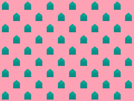 Colorful envelope pattern on pink background. Minimal and trendy concept. Flat lay.の写真素材