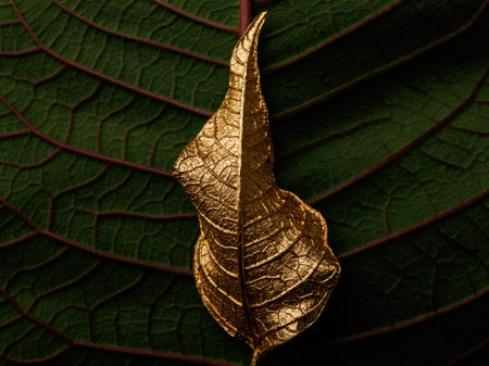 Golden and green Christmas flower leaves as background. Poinsettia. Macro.の写真素材