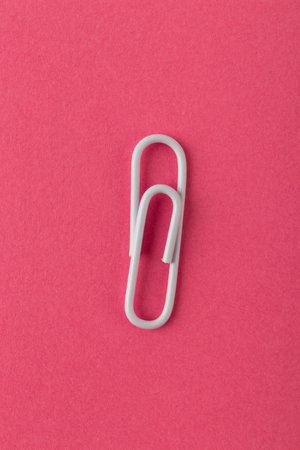 Colored paper clip. White paper clip macro close up isolated on a pink background with copy space.の写真素材