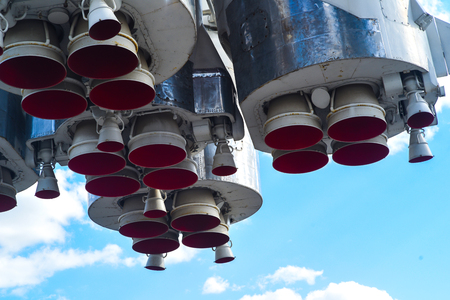 Missile engine first step of space rocket. Close up. On sky backgroundの写真素材