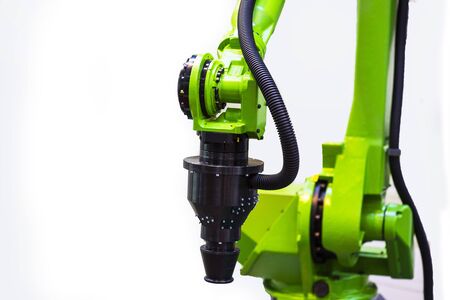 Augmented reality for industry concept. Robotic and Automation system control application on automate robot arm in white backgroundの写真素材