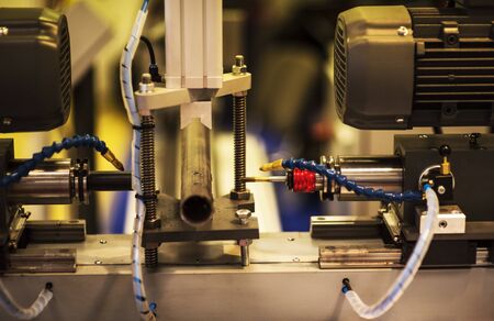CNC turning, drilling and boring machine at work close-up. Industry, industrial concept.の写真素材