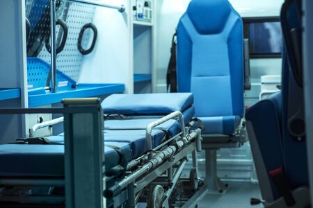 Equipment for ambulances. View from inside. Photo taken from the rear doors