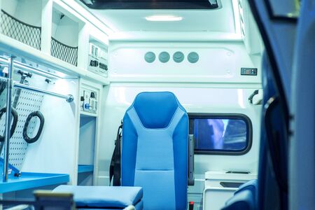 Equipment for ambulances. View from inside. Photo taken from the rear doorsの写真素材
