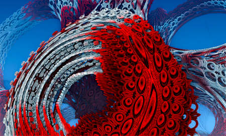 Huge Fractal geometric background of concentric rings over a red, white and blue background.
