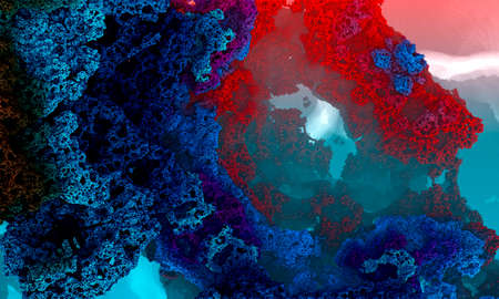 A strange world with intersecting porous metal columns against a background of pink fog. 3D...