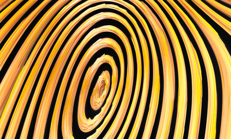 Golden glowing shiny spiral lines effect 3d render background. Abstract light speed motion effect. Shiny wavy trail. Light painting. Light trailの写真素材