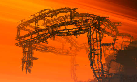 Abstract architecture background. 3d rendering the wreckage of a building drowning in the dawn.の写真素材