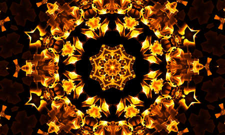 Psychedelic Coral and purple kaleidoscope with yellow spirals. Optical expansion illusionの写真素材