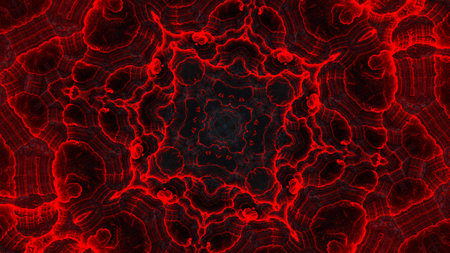 Dark red on gray kaleidoscope, vintage traditional red painted weathered wooden shutters patterns and hexagonal kaleidoscopic designs on a black background.の写真素材